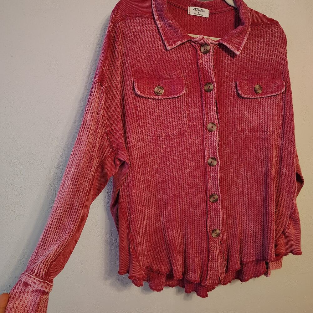 Zenana Womens S Oversized Waffle Knit Shacket Mineral Wash Red Button Up